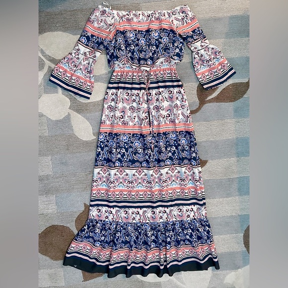 Eliza J Off Shoulder 1/2 Bell Sleeves Floral Paisley Maxi Dress w Tie Waist - Picture 3 of 9